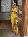 Fashionkova Sexy Matching Suit Floral Strapless Ruched Crop Tops Ruffles Split Midi Dress Sets Women Outfits Summer Party Club Y2K