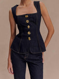 Fashionkova Street Denim Pants Set Women Sleeveless Single Breasted Slim Square Collar Tank High Waist Straight Jeans 2025 Summer Lady Suit