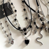 Fashionkova Y2K Multi Layer Black Peach Heart Star Pendant Chain Choker Necklace For Women Gothic Charm Aesthetic Grunge Jewelry Accessories