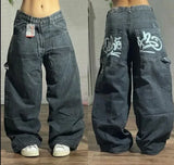 Fashionkova American Y2K New Fashion Pattern Embroidery Loose Jeans Men Street Casual Joker Mopping Oversized Wide-leg Pants Couple Jeans Casual Outfit