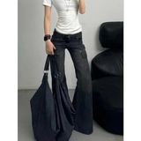 Fashionkova Black Womens Jeans High Waist Vintage Straight Winter Denim Pants Street Multiple Pockets American Wide Leg Baggy Denim Trouser