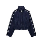 Fashionkova Street Denim Stripe Pants Set Women Long Sleeve Stand Collar Pocket Zipper Jacket Suit 2025 Straight Lace Up Casual Jeans Sets