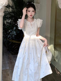 Fashionkova Women's Sweet Flying Sleeve Midi Dress Summer Embroidery Female Vintage O-Neck Clothes Elegant Lady Chic A-line One Pieces Robe Outfit Ideas