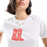 Fashionkova Women's Summer Y2K Aesthetic Baby Tee Slim Fit Cherry/Fruits/Boots Print T-Shirts Round Neck Short Sleeve Crop Tops fairycore