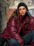 Fashionkova party look inspos Women Fashion Burgundy Red Hooded Padded Jacket Winter Warm Stand Collar Zipper Breasted Parka 2024 New Lady High Streetwear