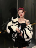 Fashionkova Party Outfit Chic Zebra Pattern Printed Large Turn Down Collar Faux Fox Fur Coat Grass Mink Striped Fur Jacket Fur Short Parka Cardigan Tops