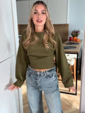 Fashionkova Waist Cinching Short Sweater Ribbed Wide Sleeved Knitwear Round Neck Loose Slimming Knitted Pullover Spring New Women's Clothing ootd outfit idea