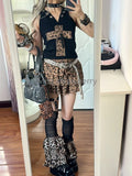 Fashionkova Gothic Aesthetic Vintage Skinny 2-piece Set Women Y2k Sexy High Street Leopard Print Hooded Tops Retro High-waist Cake Skirt New Outfit Ideas