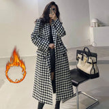 Fashionkova party look inspos Fashion Houndstooth Faux Wool Jacket Women Autumn Korean Elegant Single Breasted Long Overcoat Winter Thick Warm Blend Outwear