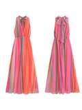Fashionkova Halter Lace Up Rainbow Women Maxi Dress Sexy Sleeveless V-neck Backless Female Dresses High Waist Summer Mesh Corset Party Robes ootd