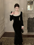 Fashionkova  party look inspos Vintage Solid Slim Long Dresses Autumn Square Collar Package Hip Birthday Party Dress Evening Mermaid Prom Robe Vestidos Largos