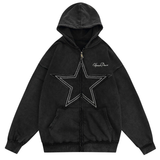 Fashionkova party look inspos Vintage washable hoodie sweatshirt Y2K hip-hop embroidered star patch double zipper hooded Harajuku punk Gothic coat