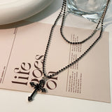 Fashionkova Hiphop/Rock Cross Necklaces Hot Punk Black Zircon Bead Long Layered Pendant Necklace for Woman Men Goth Jewelry Anniversary Gift