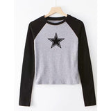 Fashionkova party look inspos Women T Shirts Star Top Pattern Print Casual Fashion Long Sleeve Crop Top Aesthetics T Shirts Patchwork Ladies Skinny Streetwear
