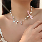Fashionkova Pink Bow Peach Heart Imitation Pearl Choker Necklace Trend New Strawberry Pendant Necklace for Women Y2K Accessories