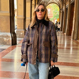 Fashionkova party look inspos Fashion Women's Plaid Coat for Women Casual Lapel Patchwork Single Breasted Female Jacket 2024 Autumn Full Sleeve Pocket Outwear