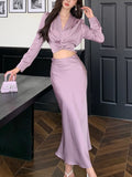 Fashionkova  party look inspos Korean Solid Two-Pieces Set for Women Elegant V-Neck Long Sleeve Pleated Shirt Tops High Waist Slim A-Line Mermaid Skirt Suits