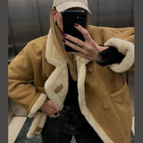 Fashionkova party look inspos Fashion Suede Thicken Coat Women Casual Turn-down Collar Single Breasted Loose Warm Jacket Chic Female Winter Lamb Wool Overcoat