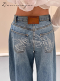 Fashionkova Street Letter Hot Drilling Denim Pants Women Loose Zipper Pocket Wide Leg Jean Female 2025 Spring Female Casual Straight Trouser
