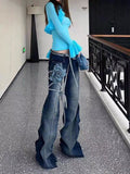 Fashionkova High Street Appliques Lace-up Design Pleated Pile Jeans Women Denim Pants Spring Boot Cut Straight-leg Low-waist Slim Trousers ootd
