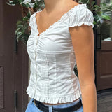 Fashionkova Y2k Vintage Cap Sleeve Women T-shirt Preppy Button Down Blouse Tops 00s Aesthetic Fairy Frill V Neck Crop Tops Milkmaid Vest Fairycore Outfit Idea