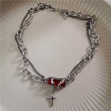 Fashionkova Red Thorn Heart Patchwork Star Cross Tassel Pendant Chain Necklaces Women Men Goth Punk Hip Hop Party Grunge Y2K Jewelry Gifts