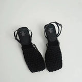 Fashionkova 2025 Summer Luxury Designer Sandals Women's Lace Mesh Square Toe Shallow Narrow Strap Braided Slip-on High Heels Sandals Spring Style 2025