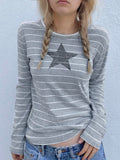 Fashionkova party look inspos Gray Stripe Star Print Casual Y2K Pullover Tee O Neck Basic Slim Long Sleeve Spring Autumn T Shirt Women Preppy Streetwear