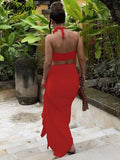 Fashionkova Sexy Matching Suit Floral Strapless Ruched Crop Tops Ruffles Split Midi Dress Sets Women Outfits Summer Party Club Y2K