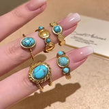 Fashionkova Bohemia Blue Stone Ethnic Vintage Open Gold Plated Rings For Women Girls Aesthetic Fashion Vintage Accessories New Jewelry Gift