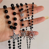 Fashionkova Vintage Fashion Y2k Aesthetic Leather Rope Star Love Heart Angel Pendant Black Beaded Necklace For Women Men Jewelry Accessories