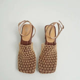Fashionkova 2024 Summer Luxury Designer Sandals Women's Lace Mesh Square Toe Shallow Narrow Strap Braided Slip-on High Heels Sandals ootd
