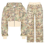 FashionKova-Zipper hoodie Camouflage sweatpants 2-piece set Y2K Women's clothing Goth Alphabet embroidered pullover Sweatshirt casual pants