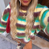 Fashionkova Party Outfit Loose Striped Mohair Sweater Jumper Women Long Sleeve O-neck Warm Pullover Top 2024 Autumn New Lady Colorful All-mach Knitwear