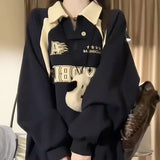 Fashionkova Vintage Letter Print Splice Half Zip Sweatshirt