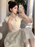 Fashionkova Women's Sweet Flying Sleeve Midi Dress Summer Embroidery Female Vintage O-Neck Clothes Elegant Lady Chic A-line One Pieces Robe Outfit Ideas