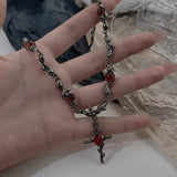 Fashionkova Y2K Goth Dark Red Rose Flower Pendant Clavicle Chain Choker Necklace For Women Men Unisex Charms Grunge Punk Jewelry Accessories