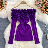 Fashionkova Women Elastic Knit Off Shoulder Chic Floral Sexy Blouse Korean Fashion Slim Sweater Women Casual Autumn Winter Top Outfit Ideas