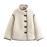 Fashionkova party look inspos Plush Stand Collar Jackets Coat Women Vintage Lambwool White Single-Breasted Pockets Jacket Female Autumn High Street Outwear
