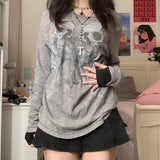 Fashionkova party look inspos 2000s Aesthetic Retro T Shirt E Girl Gothic Skulls Cross Graphic Grunge Long Sleeve Tops Y2K Vintage Mall Goth Fairycore Clothes