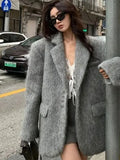 Fashionkova Party Outfit Retro Woolen Button Suit Coats Women Casual Loose Turn-down Collar Gray Coat Lady Autumn Winter Classic Elegant Street Outwear