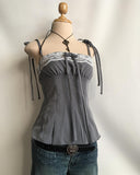Fashionkova Strap Strap Lace collar Trim Slim-fit Blouse Grey Fashion Harajuku Retro Y2K Sleeveless summer cool Comfort Goth style Fashion Spring Style 2025