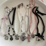 Fashionkova Gothic Cute Y2K Stainless Steel Bow Heart Pink Cross Pendant Beaded Pearl Snake Chain Necklace For Egirl 2000s EMO Acssesories