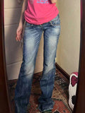 Fashionkova ADAgirl Wing Embroidery Flare Jeans Women Y2k Hip Hop Vintage Baggy Korean Do Old Boot Cut Denim Pants Harajuku Fashion Trousers ootd