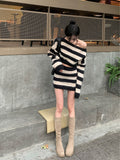 Fashionkova  party look inspos Striped Knitted Suits Women Casual 2 Piece Dress Set Female Y2k Clothing Korean Fashion Sweater Dress Office Lady 2025 Autumn