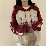 Fashionkova Vintage Logo Print Raglan Striped Sleeve Hoodie