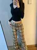 Fashionkova Women Korean Fashion Plaid Flare Long Trousers Bell Bottom Grunge Slim Pants Gyaru Y2k Japanese Streetwear 2000s Aesthetic Retro