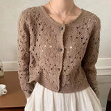Fashionkova Long Sleeve Crochet Top for Women Sheer Button Up Hollow Out Openwork Knit Cardigan Jacket Spring Summer Boho Vacation Outfit Casual Outfit