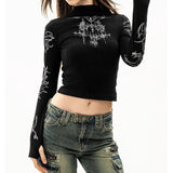 Fashionkova party look inspos Grunge Women T-Shirt Y2k Aesthetics Half high neck Tees Graphical Print  Long Sleeve Sheer Tops Punk Alternative Crop Tops EMO