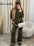 Fashionkova Party Outfit Casual Striped Knitted Set Women Elegant Split Pullover Sweater Elastic High Waist Straight Trousers Lady Outfit Autumn 2024